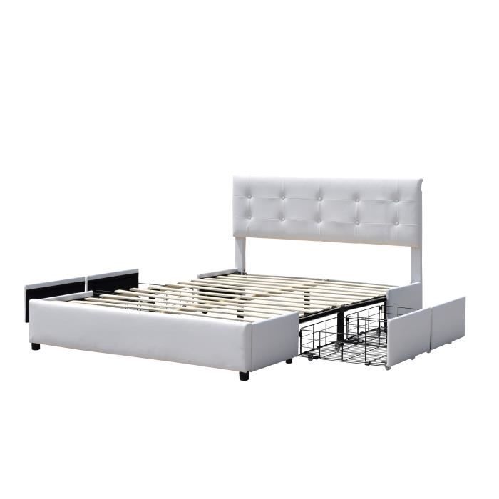 Lit 160x200 - CHLOE - Blanc - Sommier inclus - 4 tiroirs - Design contemporain