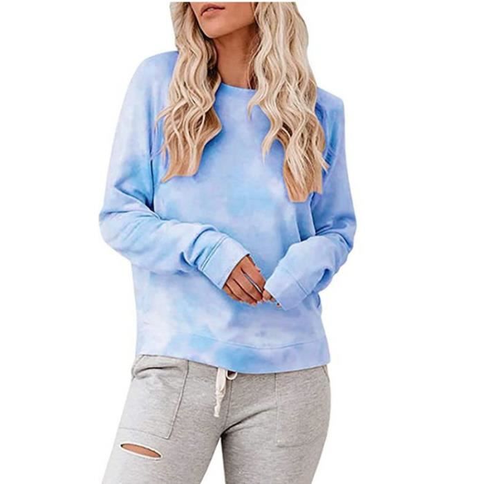 Sweat shirt femme LEOCLOTHO Manches longues Col rond Coton Epissage T shirt Bleu