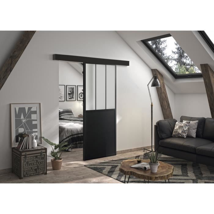 OPTIMUM Kit porte coulissante ATELIER noir + rail 2 amortisseurs + cache rail - 204 x 73 cm - verre 