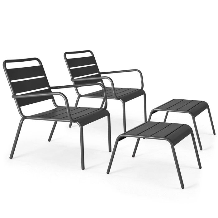 Lot de 2 fauteuils relax avec repose-pieds en métal gris Palavas Oviala