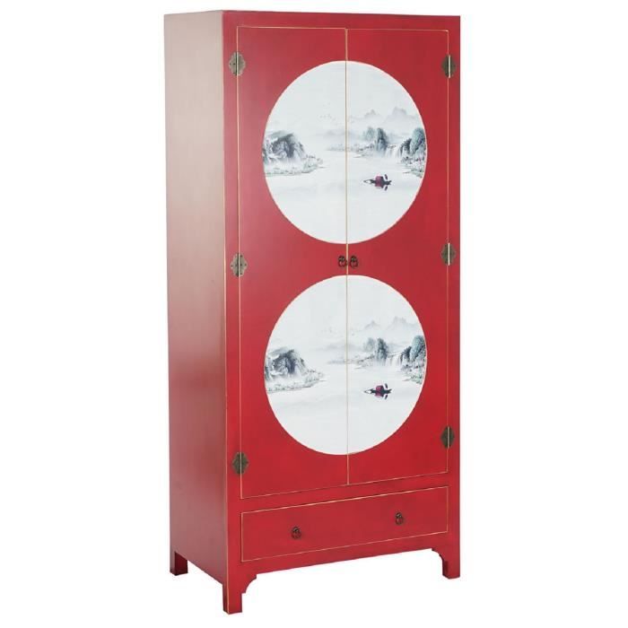 Armoire de rangement en bois de sapin -MDF coloris rouge - Longueur 85.5 x Profondeur 50.5 x Hauteur 186.2 cm