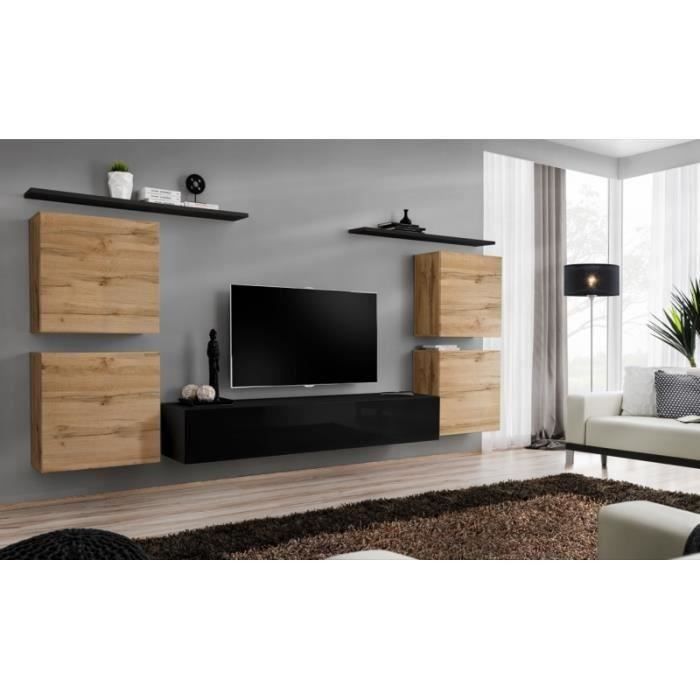 meuble tv mural - price factory - switch iv - noir et chêne wotan - 5 portes - 320 cm