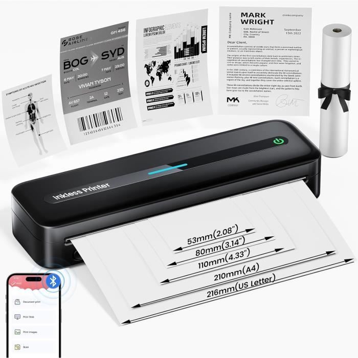 Imprimante Thermique Portable Sans Encre - Format A4, Rechargeable, 200 Dpi, Compatible Smartphone, Idéale Pour Notes Et Documents