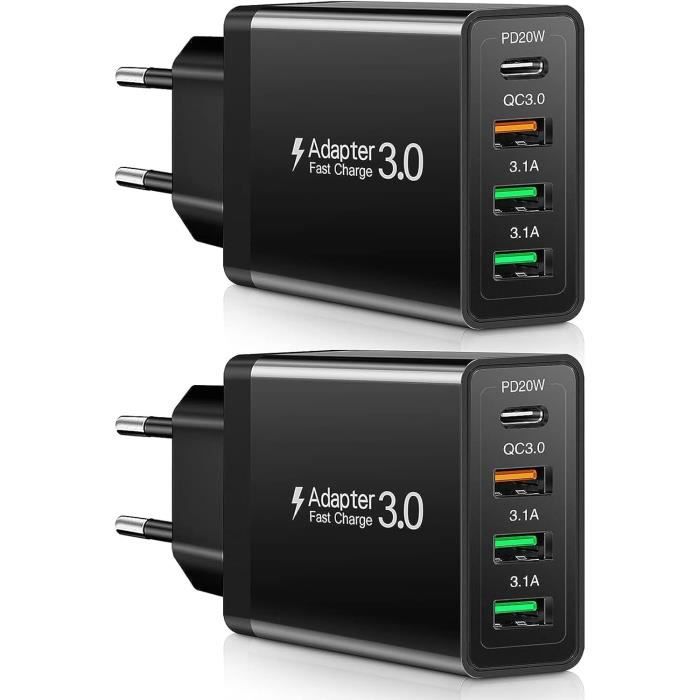 Chargeur Usb Multiple 35W, 4 Port Chargeur Telephone Avec 2 Pack Cable