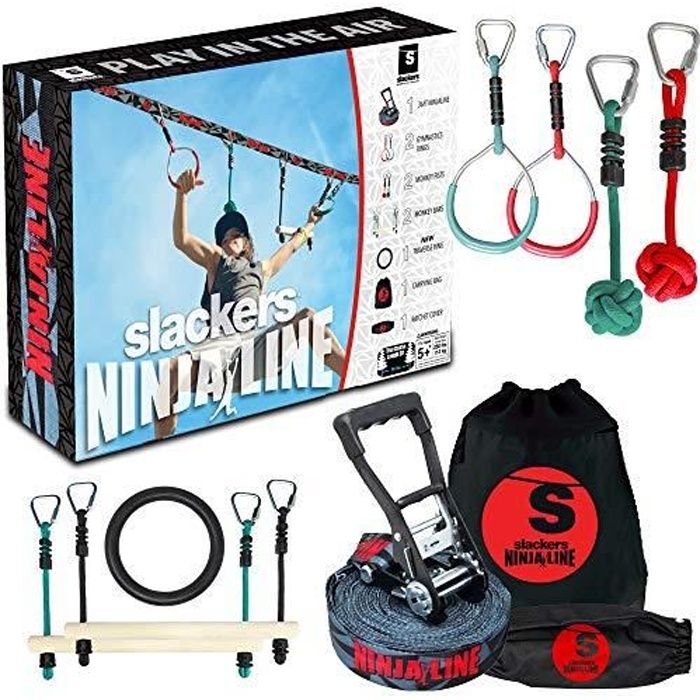 Slackers Ninjaline - 36 Intro Kit - Includes 7 Hanging Attachments - Best Outdoor Ninja Warrior Training Equipment For Kids - Build