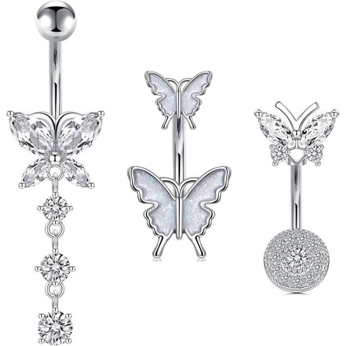 Lot De 6 Piercings Nombril Femme 14G - Acier Inoxydable Or/Argent - Barre 10mm, Boule 5mm - Style Cœur, Papillon, Zircone