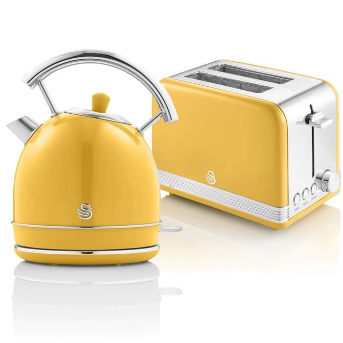 Retro Set Petit-Déjeuner Bouilloire 1,8L Sans fil, Grille-Pain 2 Larges Tranches SWAN STP7050YELNEU Jaune 57928