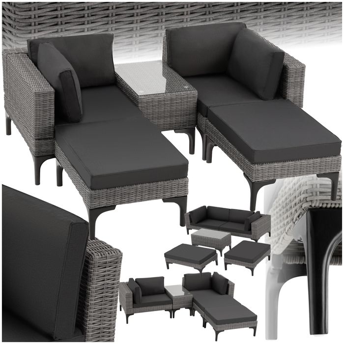 Salon de jardin - TECTAKE - Fauteuils lounge dextérieur BELLARIA modulables en canapé ou transats en rotin avec table - Gris