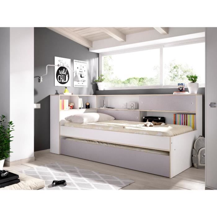 Canapé-lit extensible 90*200 et 180*200 cm avec tiroirs et sommiers en pin,  lit avec espace de rangement, blanc