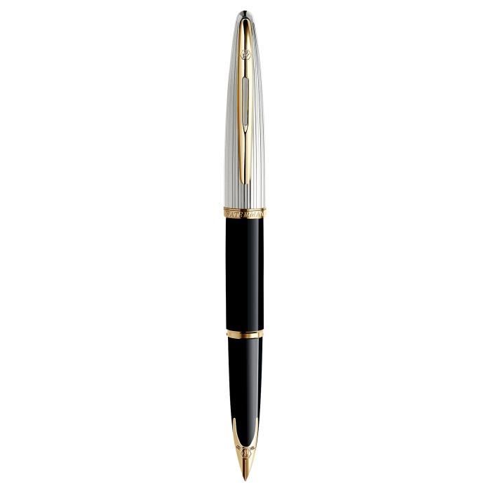 WATERMAN Carene Deluxe stylo plume, noir brillant et plaqué argent, attributs dorés, plume fine 18K, Coffret cadeau