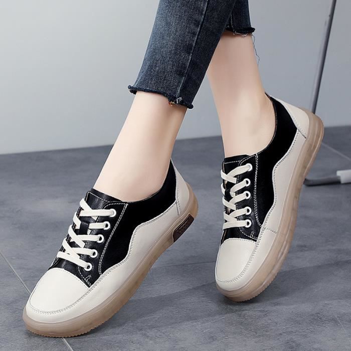 Baskets Femme Vintage en Cuir Plat Doux Comfortable Respirante AIEVIS Noir Femme Adulte Noir Cdiscount Chaussures