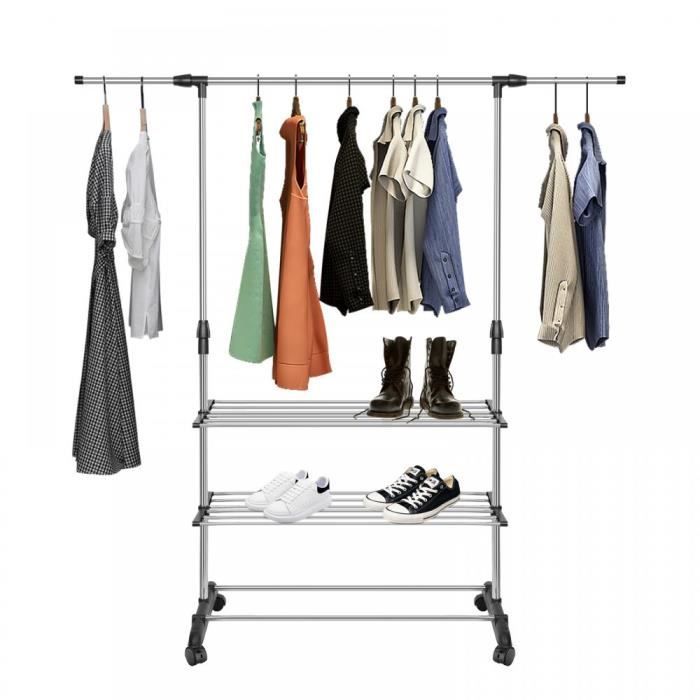 Portant à Vêtements Robuste, Portatif, Réglable Et Autonome Avec 7 étagères Métalliques Réglables Et 4 Tringles De Suspension, Charge Maximale De 417,3 Kg, Noir