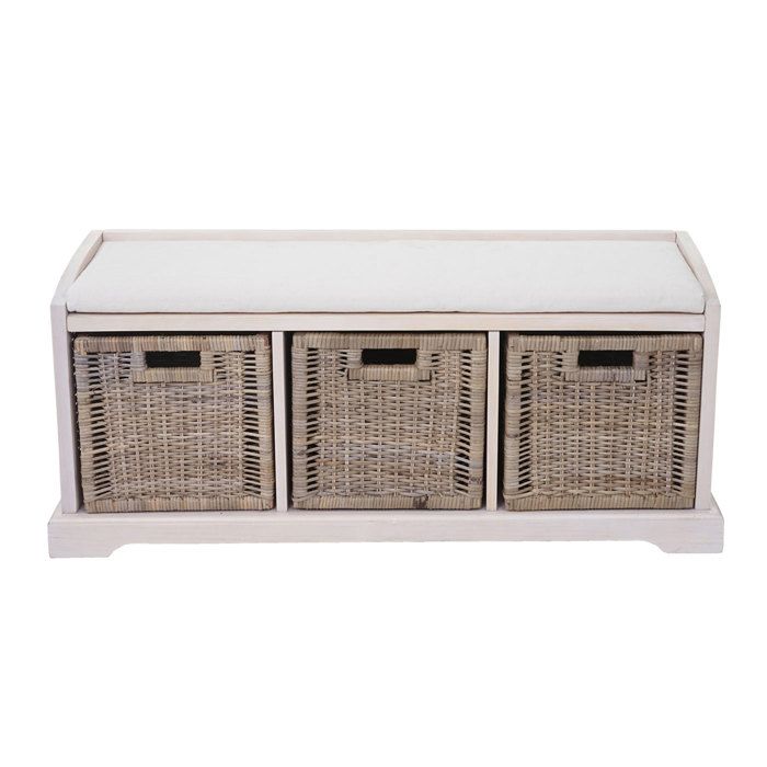 Relaxdays Banc Avec 3 Paniers De Rangement Et Coussin Confortable - Banquette Blanche 44x105x35cm Idéale Entrée, Cuisine Ou Chambre