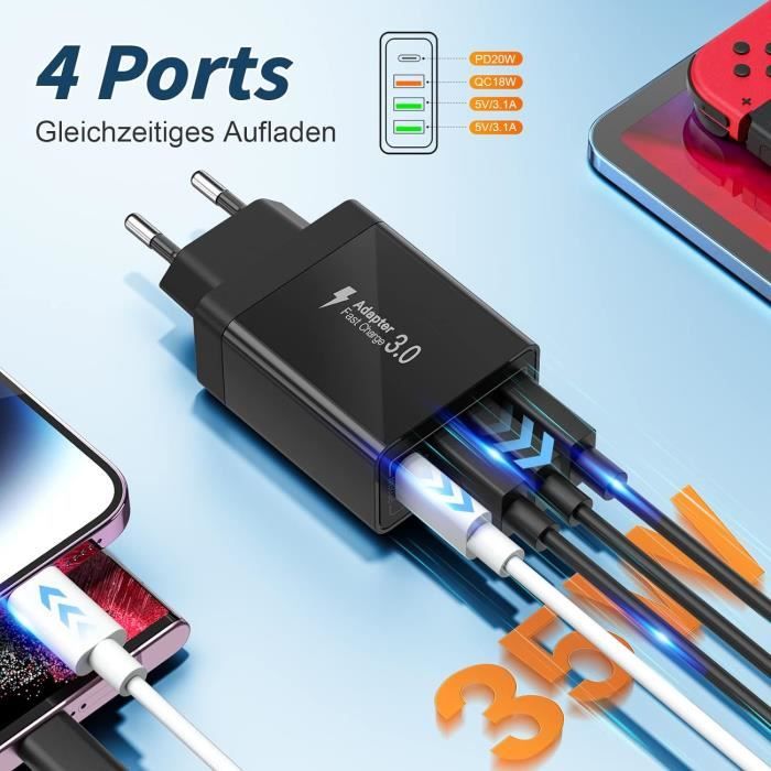 Chargeur USB 4 Ports Rapide Avec QC3.0 Et PD30W - Compatible IPhone, Android, Tablettes