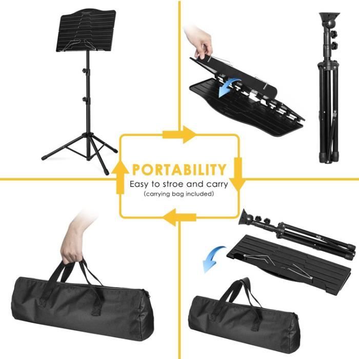 Pupitre De Lecture Pupitre Musique BoomToneDJ MUS-2 - Porte Partition Réglable 65-120cm, Trépied Stable (Noir) Pupitre Professionnel