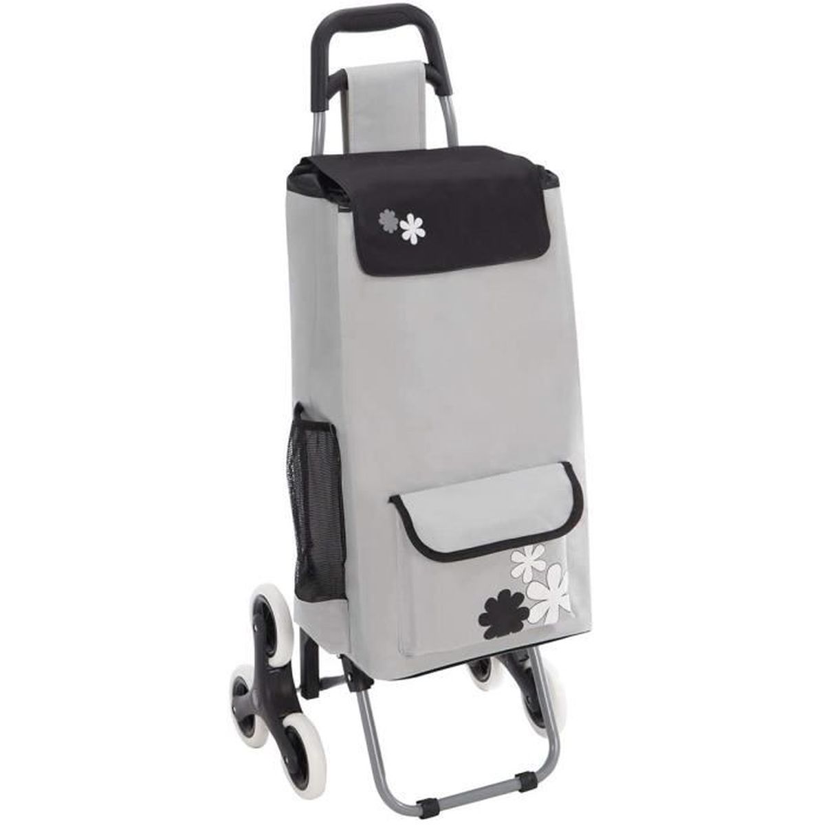Chariot de Course Isotherme 6 Roues Gris avec Motif Fleur et Poches ext?�rieures de Rangement 43L