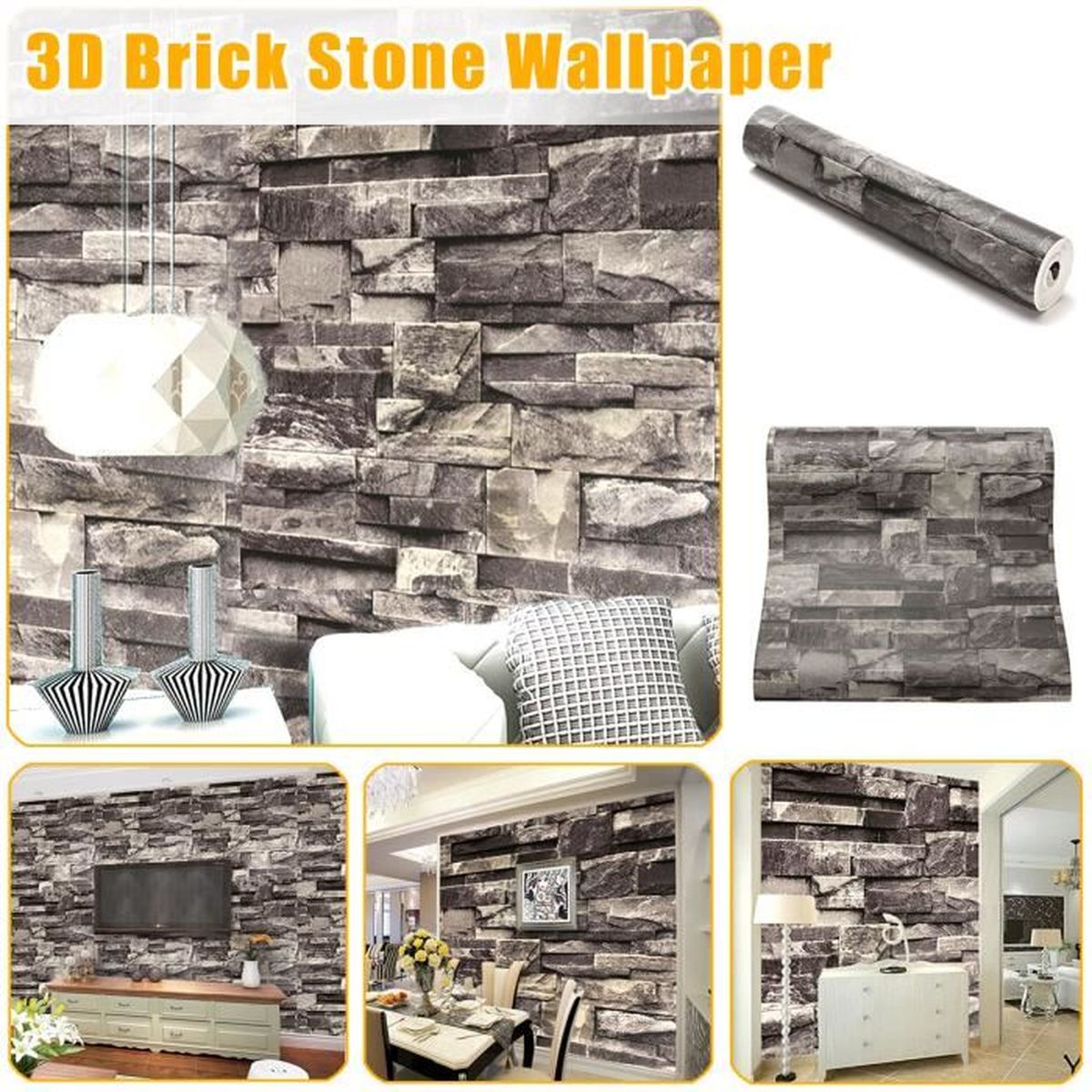Papier peint briques Ardoise texturée effet 3D gris brique tons Wall Paper 53cm*10m