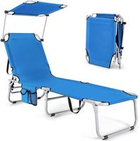 GIANTEX Chaise Longue Pliante Réglable à 5 Niveaux-Transat Bain de Soleil-Auvent Rotatif 360°+Poche Latétale-Fauteuil Jardin-Bleu