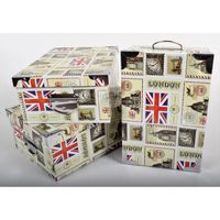 3 Grandes Boites de Rangement - Carton Impr. London Vintage viellie Angles/Poignées Métal. 31.5x22x12-33.5x23x13-36x25x13.5cm