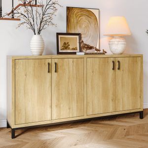 Buffet de salon - LUMINARIX - Buffet bahut - 4 portes - 160 x 35 x 80 cm - Bois naturel et métal noir