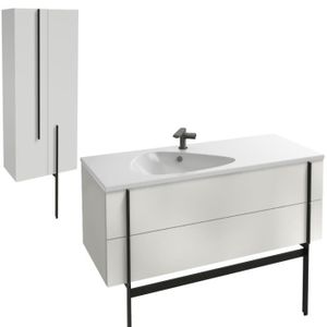 MEUBLE VASQUE - PLAN Meuble lavabo simple vasque 120 cm JACOB DELAFON Nouvelle Vague blanc brillant + colonne de salle de bain 2 portes + pied