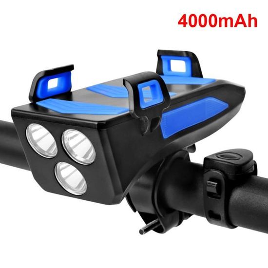 Eclairage vélo 4 en 1 Lampe vélo lumière 3LED IPX-4 400 Lumens +  klaxon +support de téléphone batterie externe(4000mAh)- Bleu