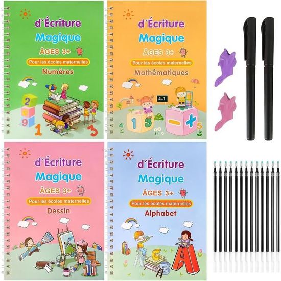 VODAFQS Cahier D'Écriture Magique Réutilisable 4 Pièces – Apprentissage Écriture Enfants Avec Stylo, 10 Recharges + Aide Écriture