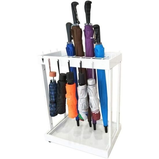 BAKAJI Porte-parapluies en fer design carré, blanc, bac anti-gouttes et BAKAJI Porte-parapluies en fer design carré, blanc, bac anti-gouttes et