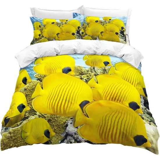 Housse de Couette Poisson Jaune, Parure de Lit 2 Personnes Imprimée 3D
