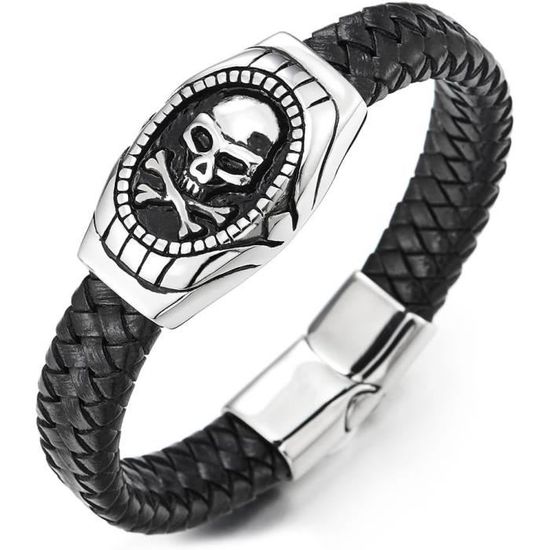 Bracelet Homme Chaîne Serpent Avec Charmes Crâne - Acier Inoxydable, Fermoir Pirate - Style Gothique Biker