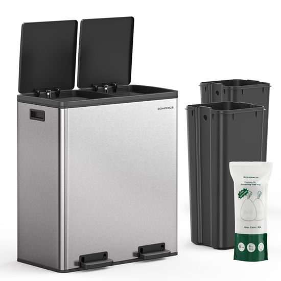 Poubelle De Cuisine Double Compartiment Acier – 2x30L, Avec Pédales Et Couvercle