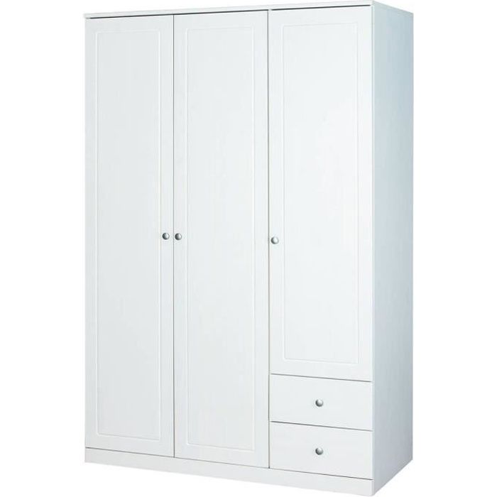 Karol - Armoire 3 Portes 2 Tiroirs Bois Massif Vernis Blanc