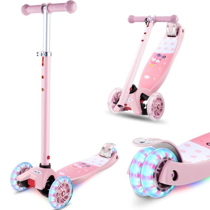 Trottinette Enfant 4 Roues lumieuse ABEC-7 pour Enfants 3-12 Ans Scooter Portable Pliable Poignées Ajustable Jusqu'à 50kg -ROSE