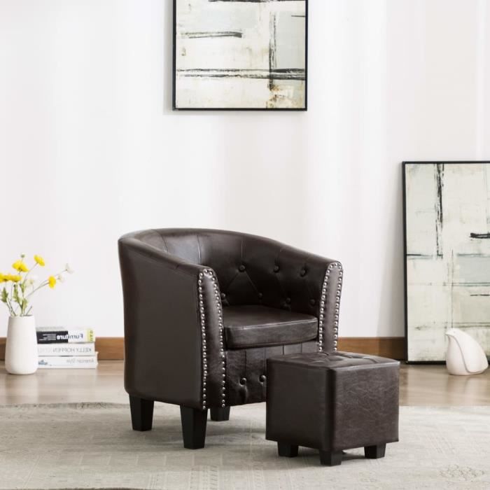 Fauteuil chesterfield avec repose-pied Marron Similicuir