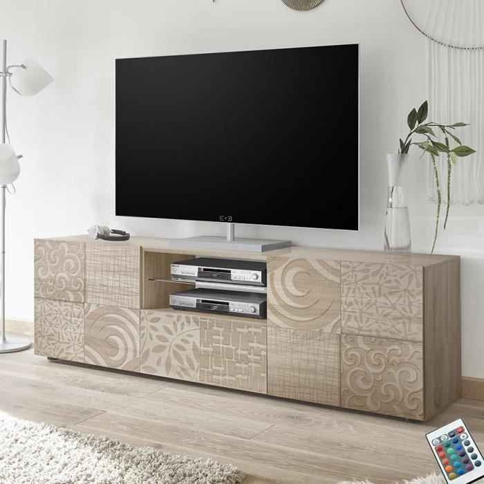 Grand meuble TV 180 cm contemporain chêne clair ELMA 3 Beige Avec éclairage
