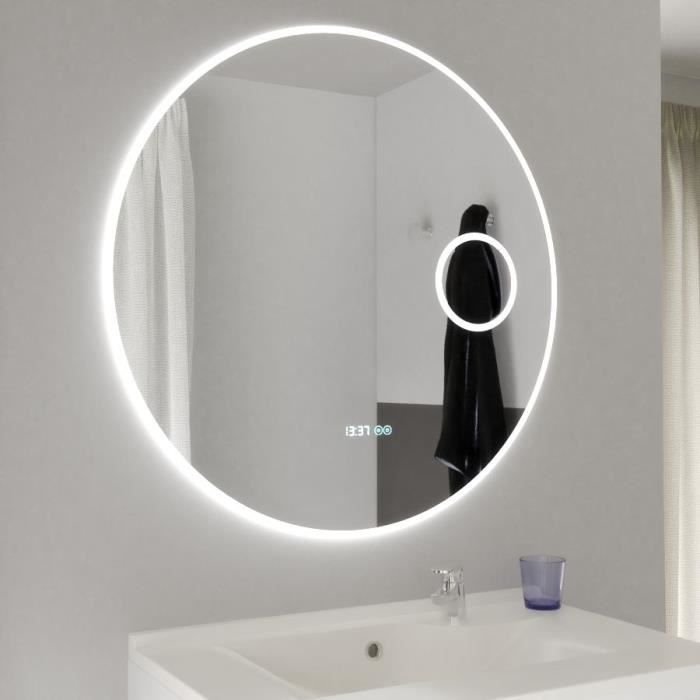 Miroir RONDINARA Ø 80cm - éclairage LED, système anti-buée, horloge et loupe