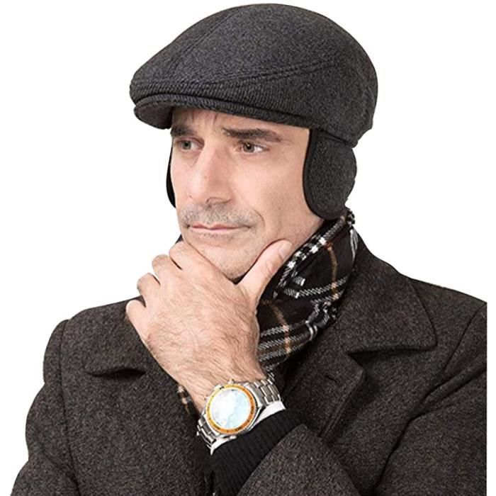 Casquette plate en tweed pour homme Automne et hiver Style traditionnel Gatsby Béret de conduite avec cache-oreilles réglables 86