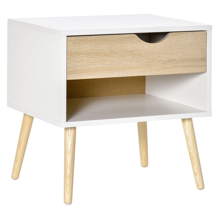 Chevet table de nuit tiroir niche design moderne panneau de particules classe E1 pieds en bois massif - bois de chêne blanc