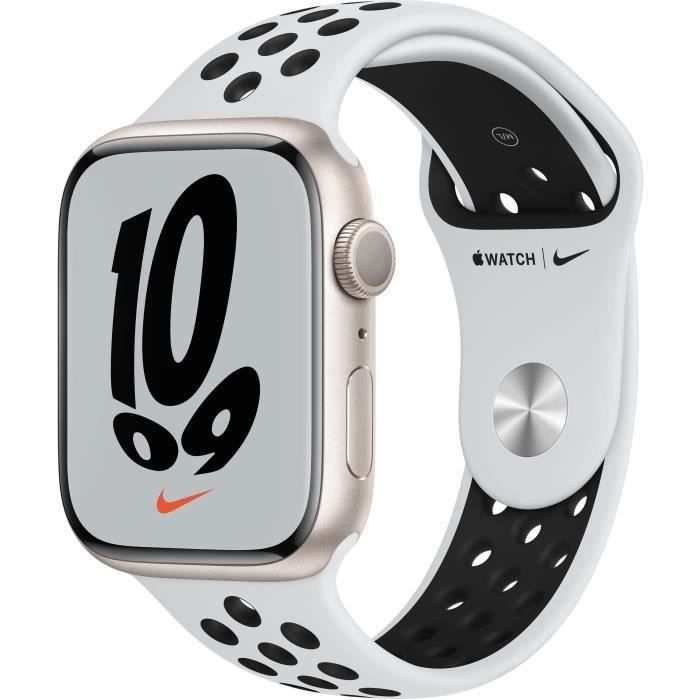 Apple Watch Nike Series 7 GPS - 45mm - Boîtier Starlight Aluminium - Bracelet Pure Platinum/Black Nike Sport Band - Regular