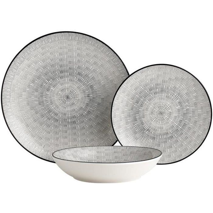 Service vaisselle SIA en porcelaine fine OSIS - 18 pièces - blanc et motifs noirs