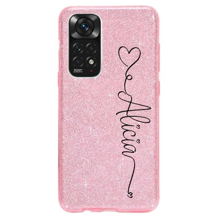 Coque Redmi Note 11 4G et 11S paillettes rose prenom police 18 coeur