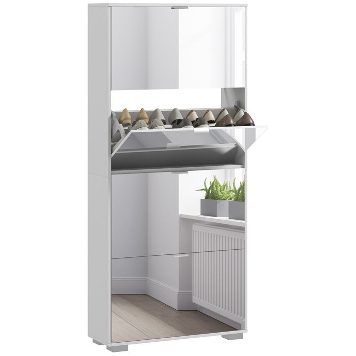 Meuble à chaussures - HOMCOM - 2 en 1 façades miroir 4 portes abattants étagères réglables jusquà 24 paires 76l x 26P x 168H cm Meuble à chaussures - HOMCOM - 2 en 1 façades miroir 4 portes abattants étagères réglables jusquà 24 paires 76l x 26P x 168H cm