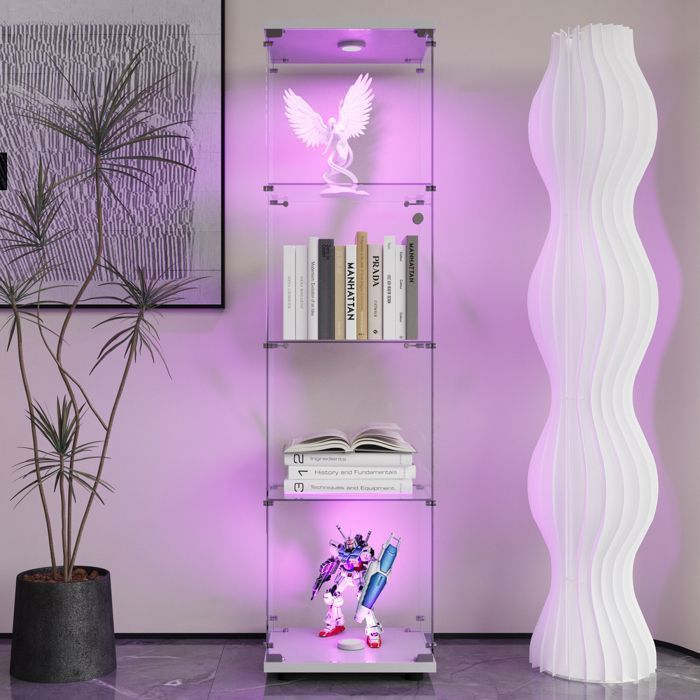 Vitrine en verre 42×36×164cm GARHELPER - 4 étages - Porte simple - Verre trempé - Lumière LED - Blanc