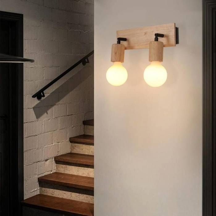 WOTTES Applique Murale Interieur Vintage E27 Lampe Murale Bois Tête de Lampe Orientable 2 Spots Luminaire 3pcs pour Salon Couloir