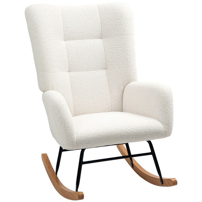 Fauteuil à bascule - HOMCOM - en tissu effet laine bouclée - pieds en bois massif dhévéa - pour chambre salon - crème