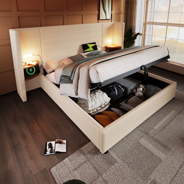Lit 160x200 avec Sommier pour Double Adulte Lit Coffre de Rangement Table ChevetLampe de LectureUSB-CTissu Velours Côtelé Beige