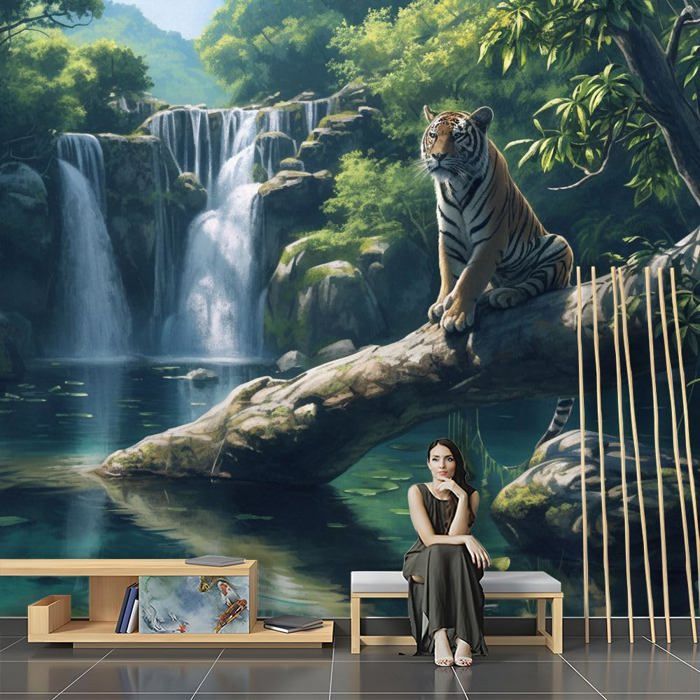 Grande Toile XXL Muralo - Cascade Forêt Tropicale 3D - Tableau Mural Paysage