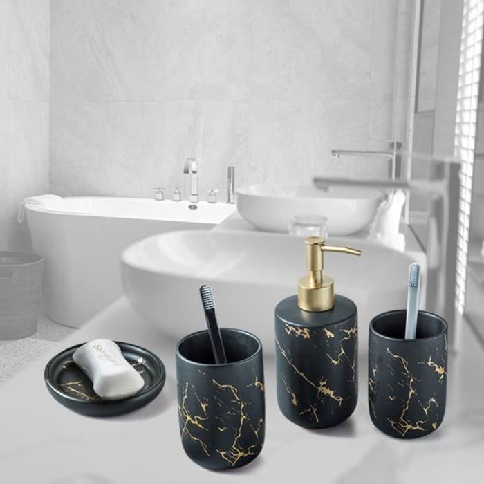 Ensemble daccessoires de salle de bain - RNCYN - 4 pcs - Céramique - Motif marbre - 300mL