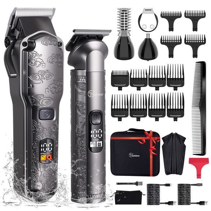 Hatteker Tondeuse Cheveux Homme – Kit de Rasage Étanche Tondeuse Barbe T-Blade Trimmer Sans Fil Rechargeable gris