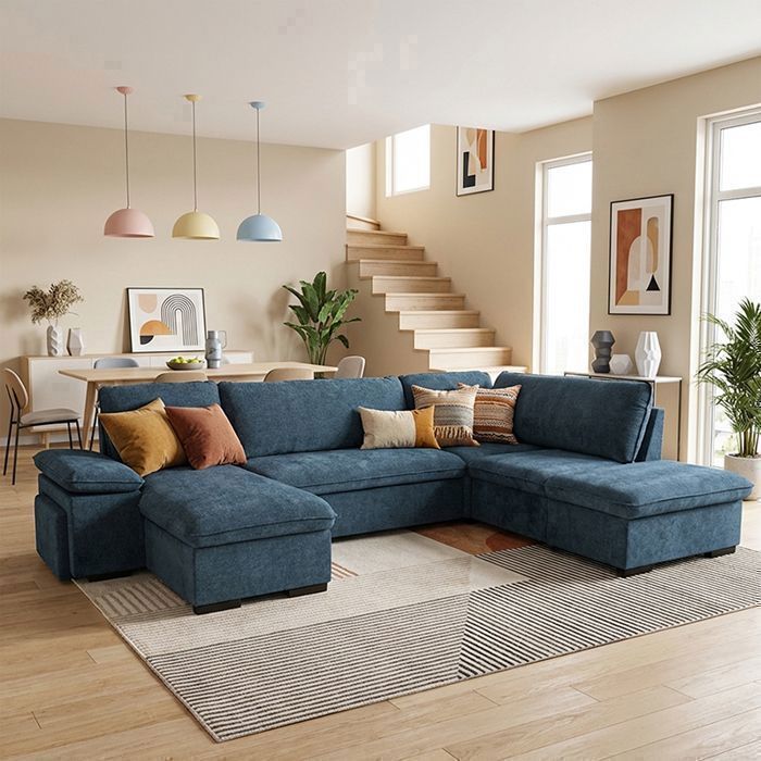 ALYA Canapé dangle panoramique convertible Bleu OCEAN (tissu lisse) - Taille XL - 6 places - 315 x 210 x 89